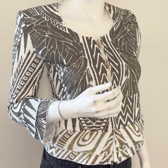Vintage Just Cavalli Gold, Black & White 3/4 Sleeve Jacket w Ruffle Hem & Cuffs - Picture 3 of 10